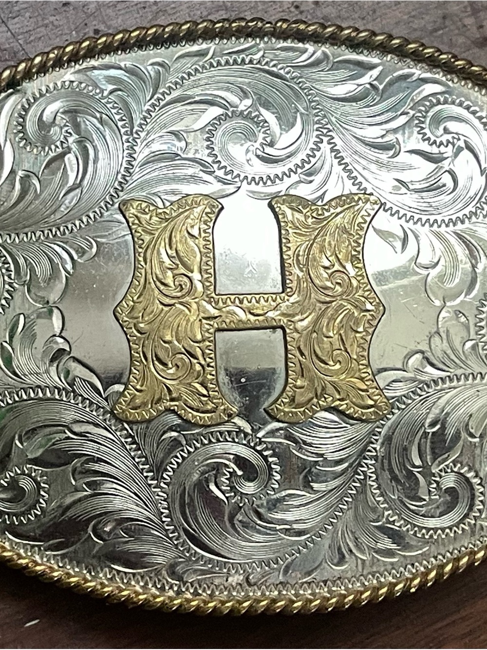 Montana Silversmiths Engraved Silver-Tone Belt Buckle with Gold 'H' Initial